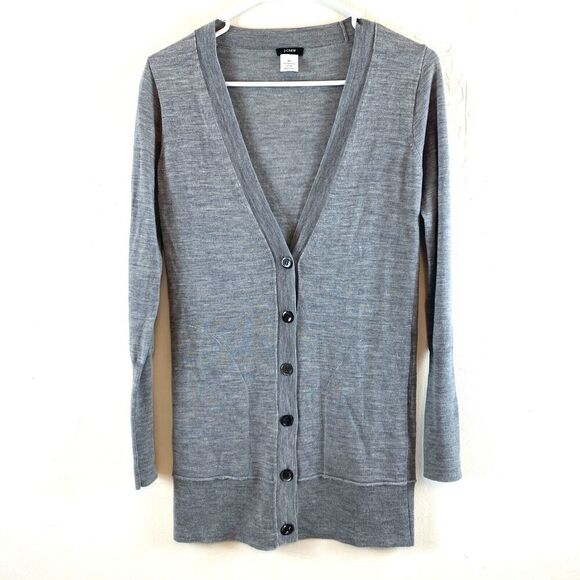 J.Crew Womens 100% Merino Wool Long Cardigan Buttons Sweater Gray Classic XS - Picture 1 of 10